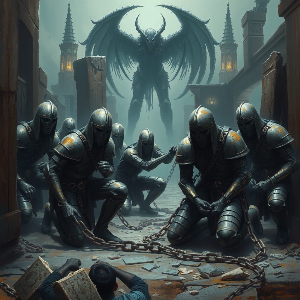 Dark Fantasy: Chained Warriors in Ruined City