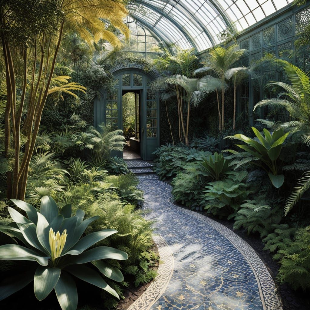 A vast, opulent Victorian-era botanical garden stretches end...