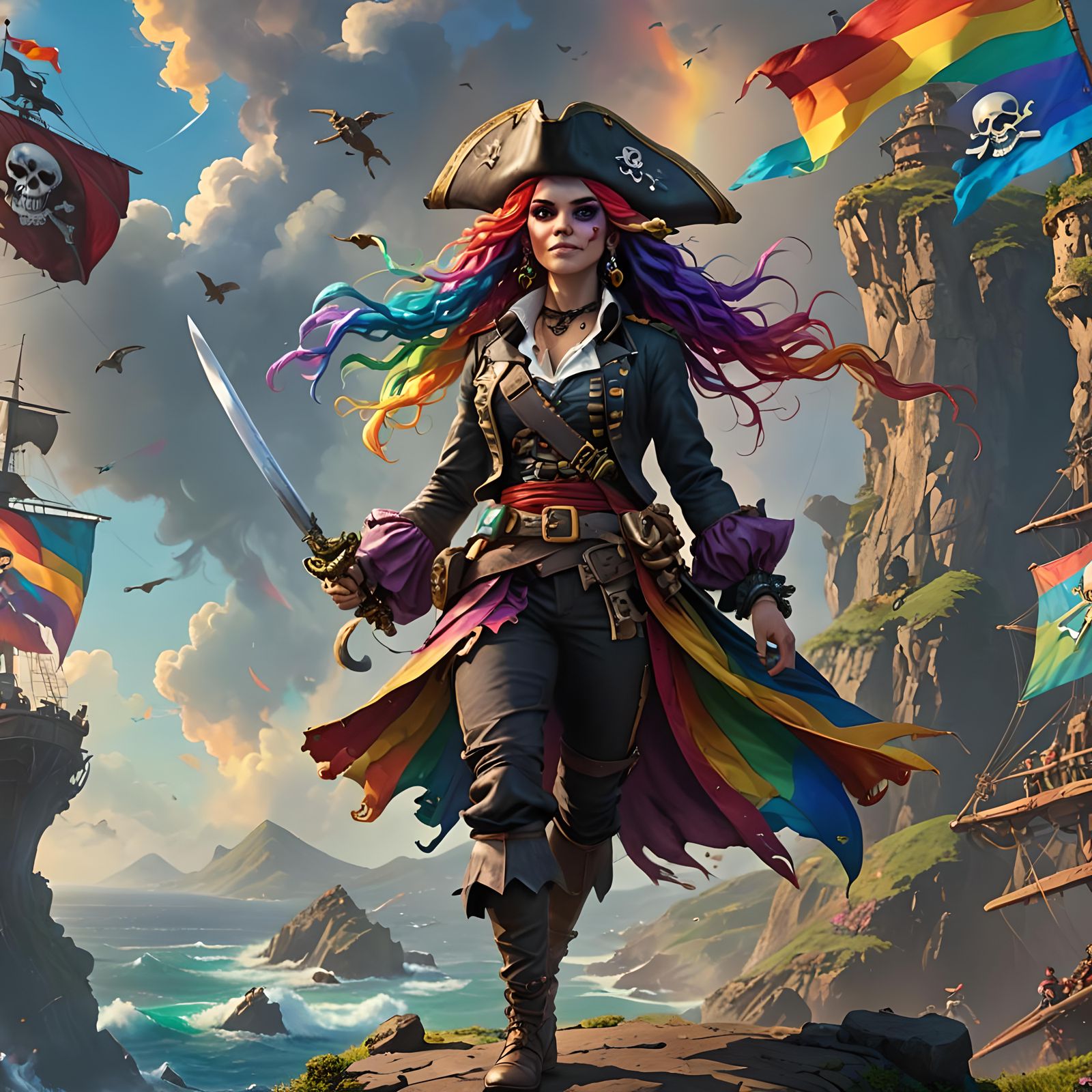 Rainbow-Haired Pirate Leader on a Lush Island