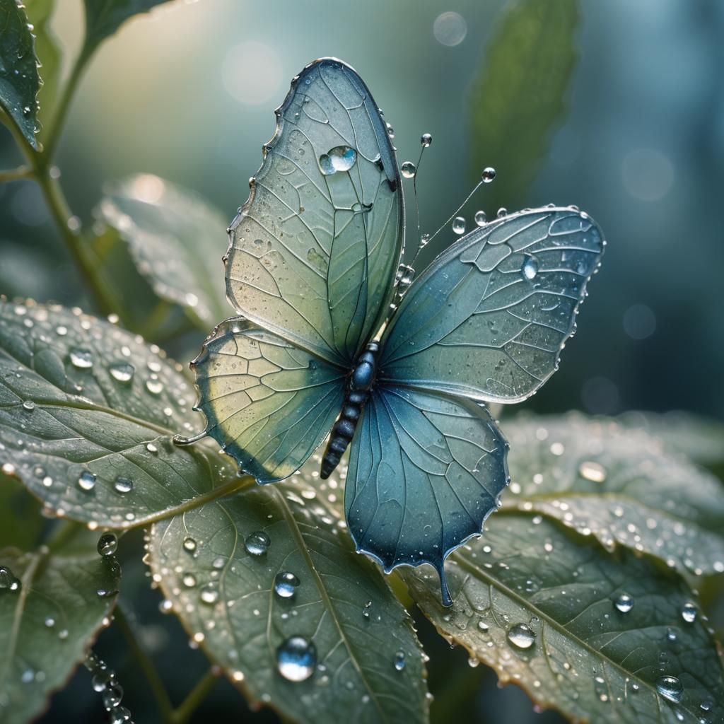 Glass Butterfly on Leaf in Surrealist Style