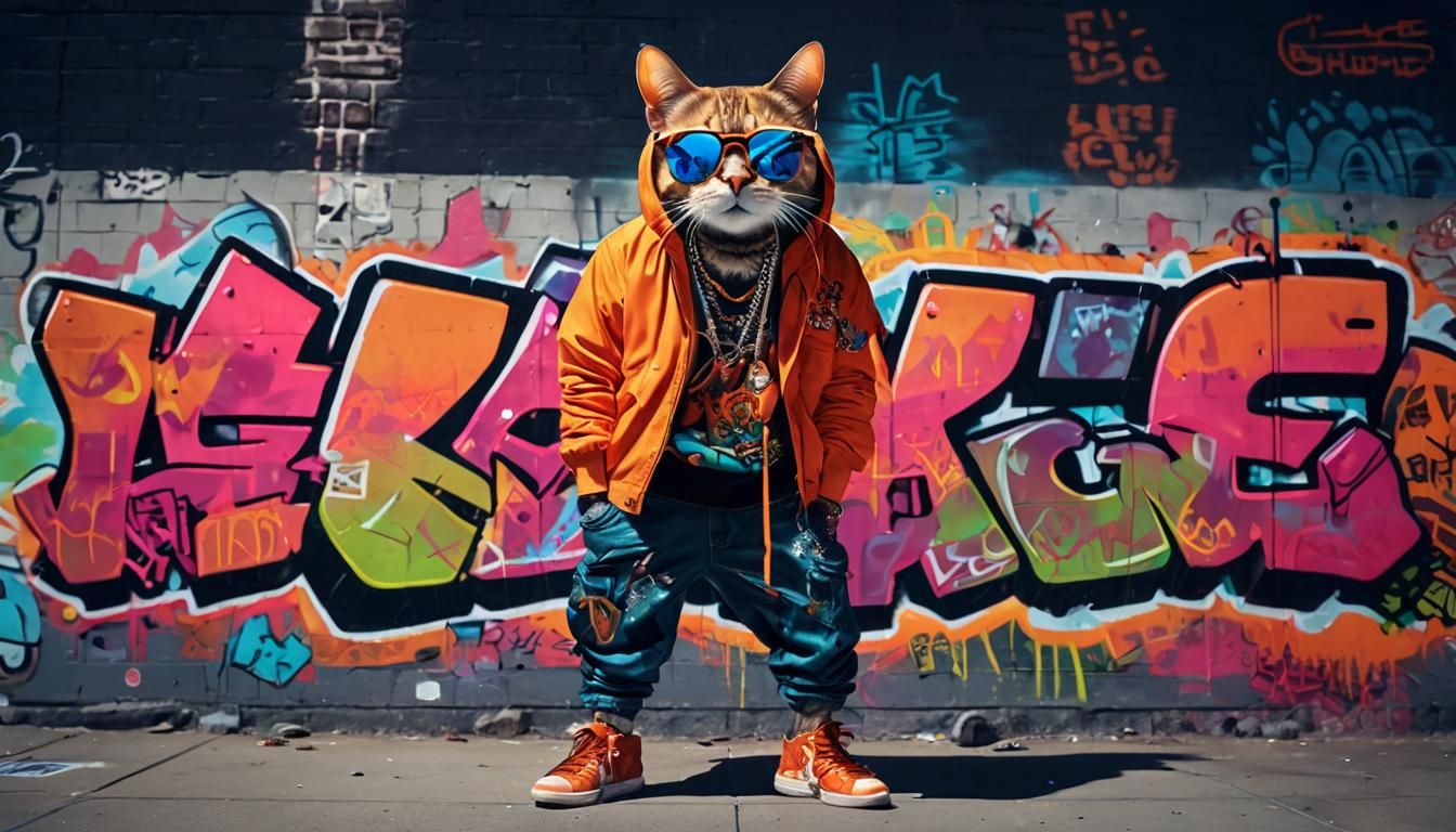 Hip-Hop Cat Street Art Portrait in Pop Art Style