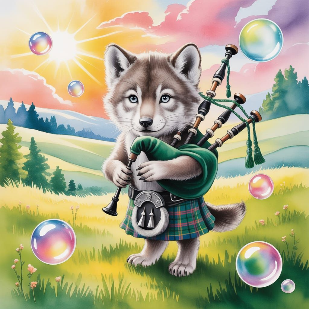 Whimsical Wolf Cub Serenade in Watercolor