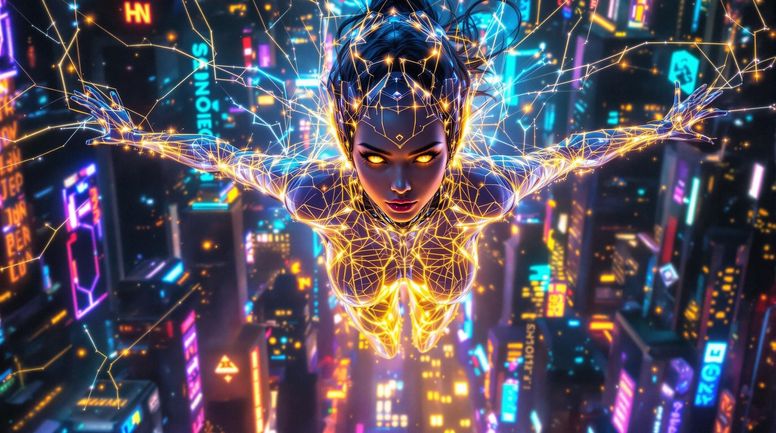 Ethereal Cyborg Woman Flies Over Neon Cityscape