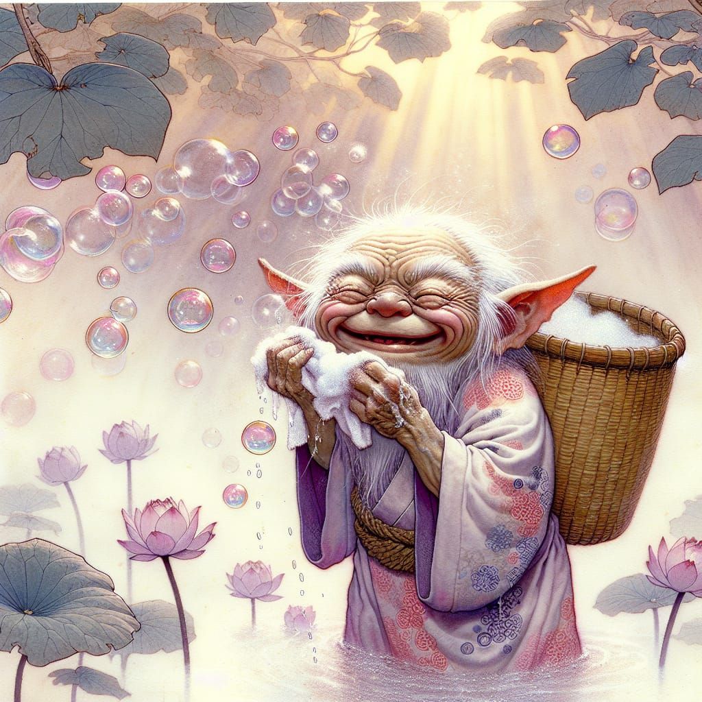 Gremlin Washing Face in Ukiyo-e Style