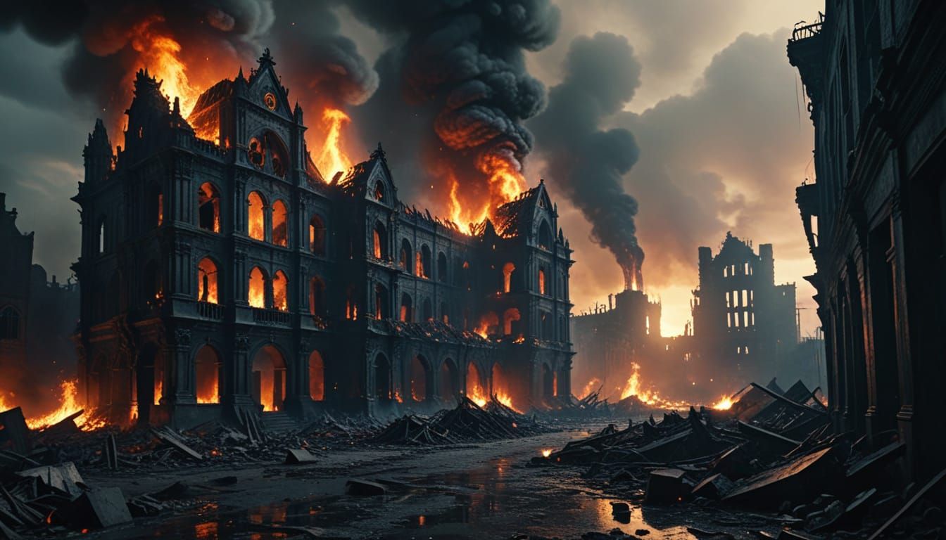 Gothic Horror: Fiery City in Post-Apocalyptic Ruins