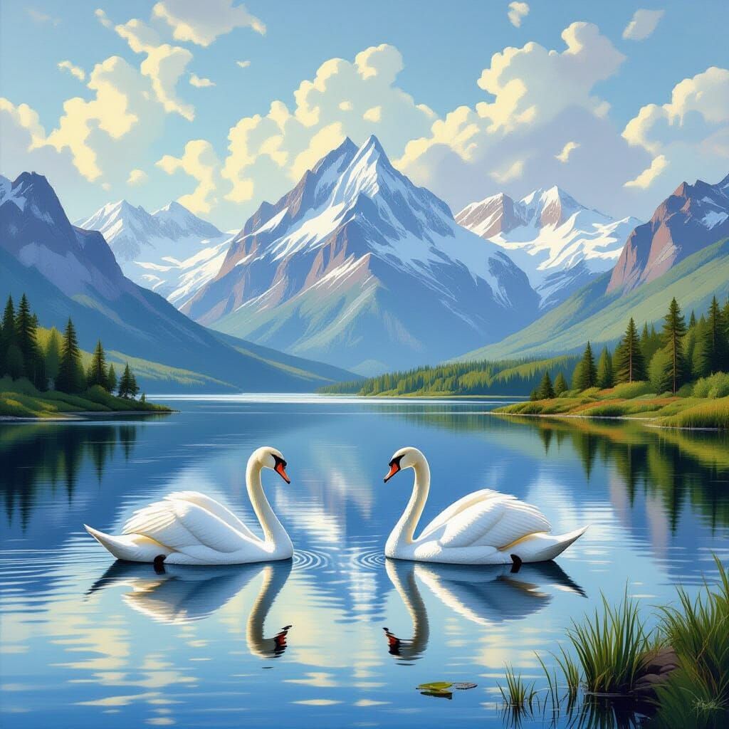 Majestic Swans Grace Serene Lake: Bierstadt Style