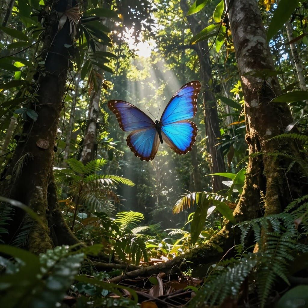 Lush Amazon Rainforest With Sunlight and Blue Morpho Butterf...