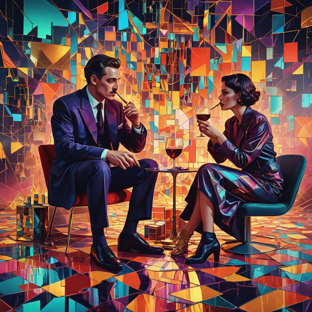 Geometric Bauhaus: Man Smoking with Woman Holding Wine