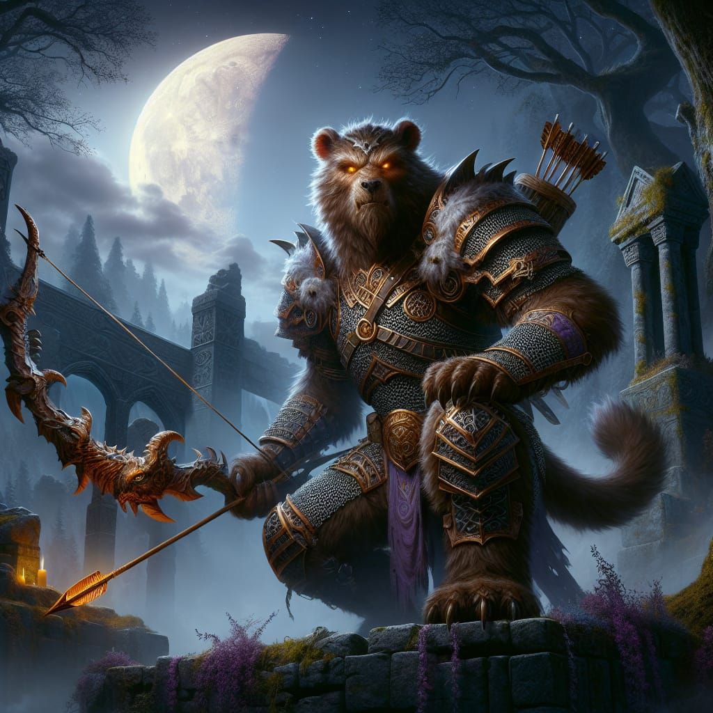 Bugbear Warrior on Ancient Ruins in Dark Fantasy Style