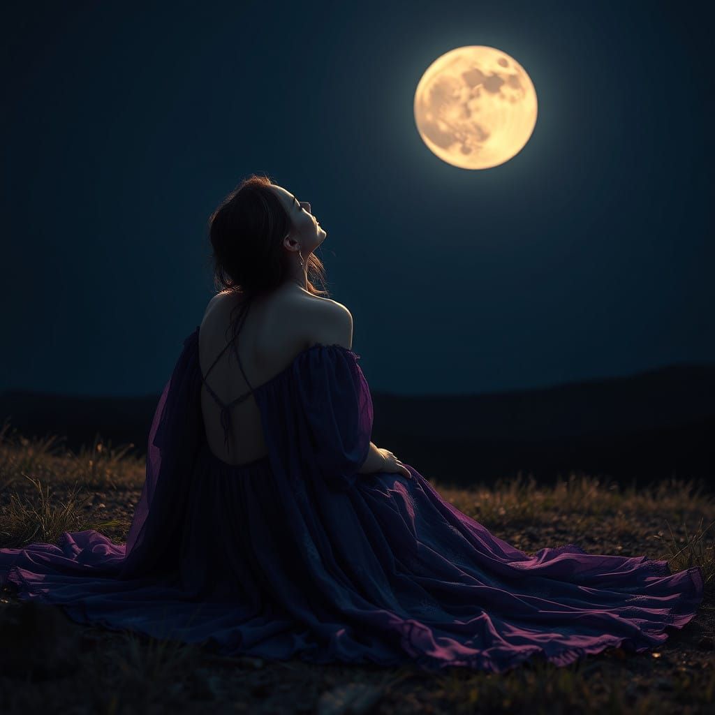 Woman Contemplates Full Moon in Serene Landscape