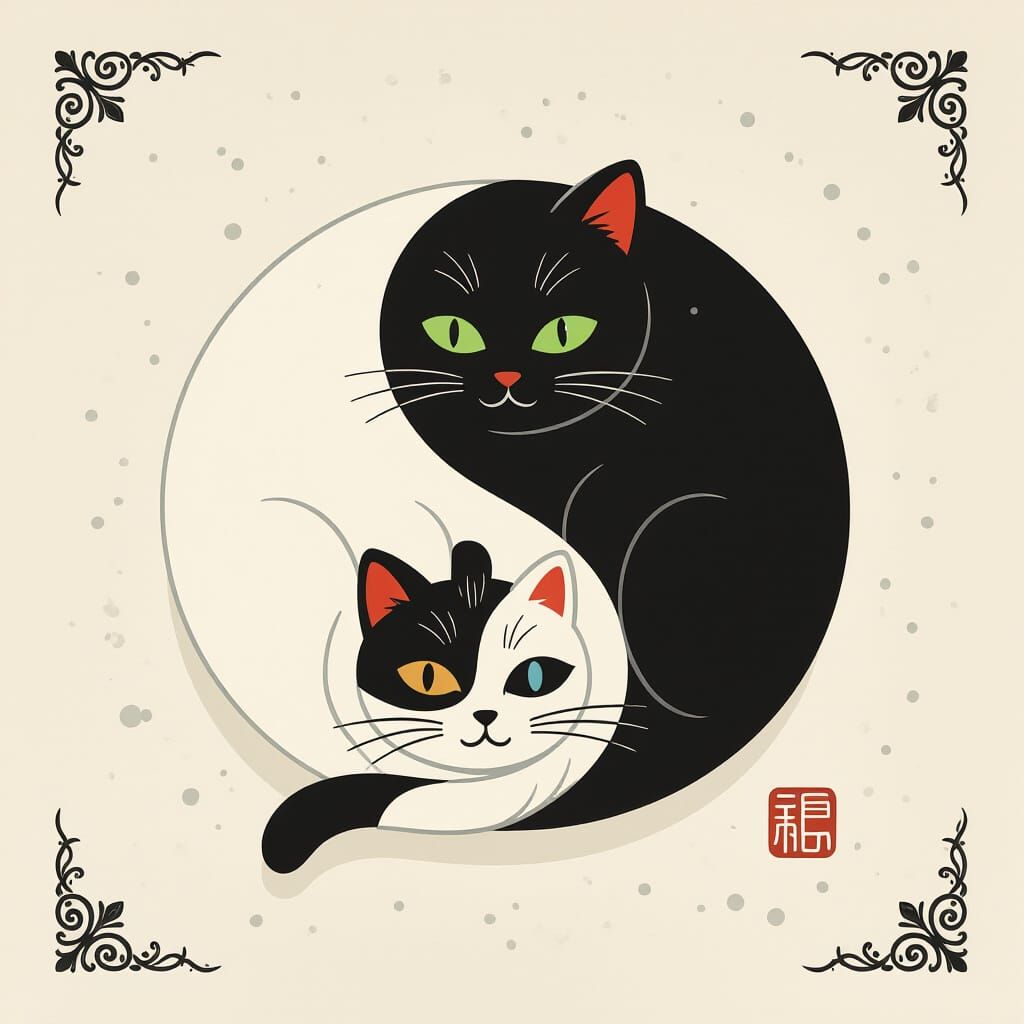 Black and White Cats Form Yin Yang Symbol