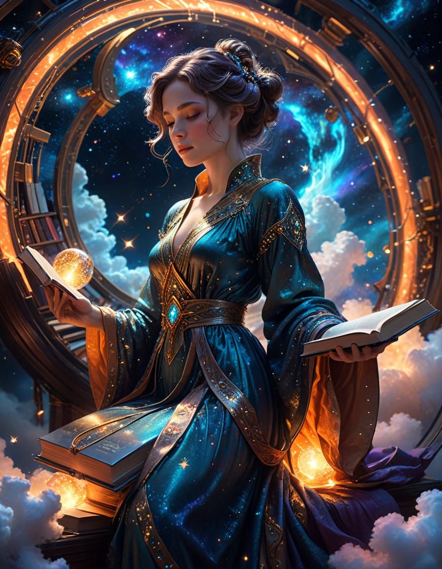 Celestial Librarian Cataloging Constellations, Fantasy Art