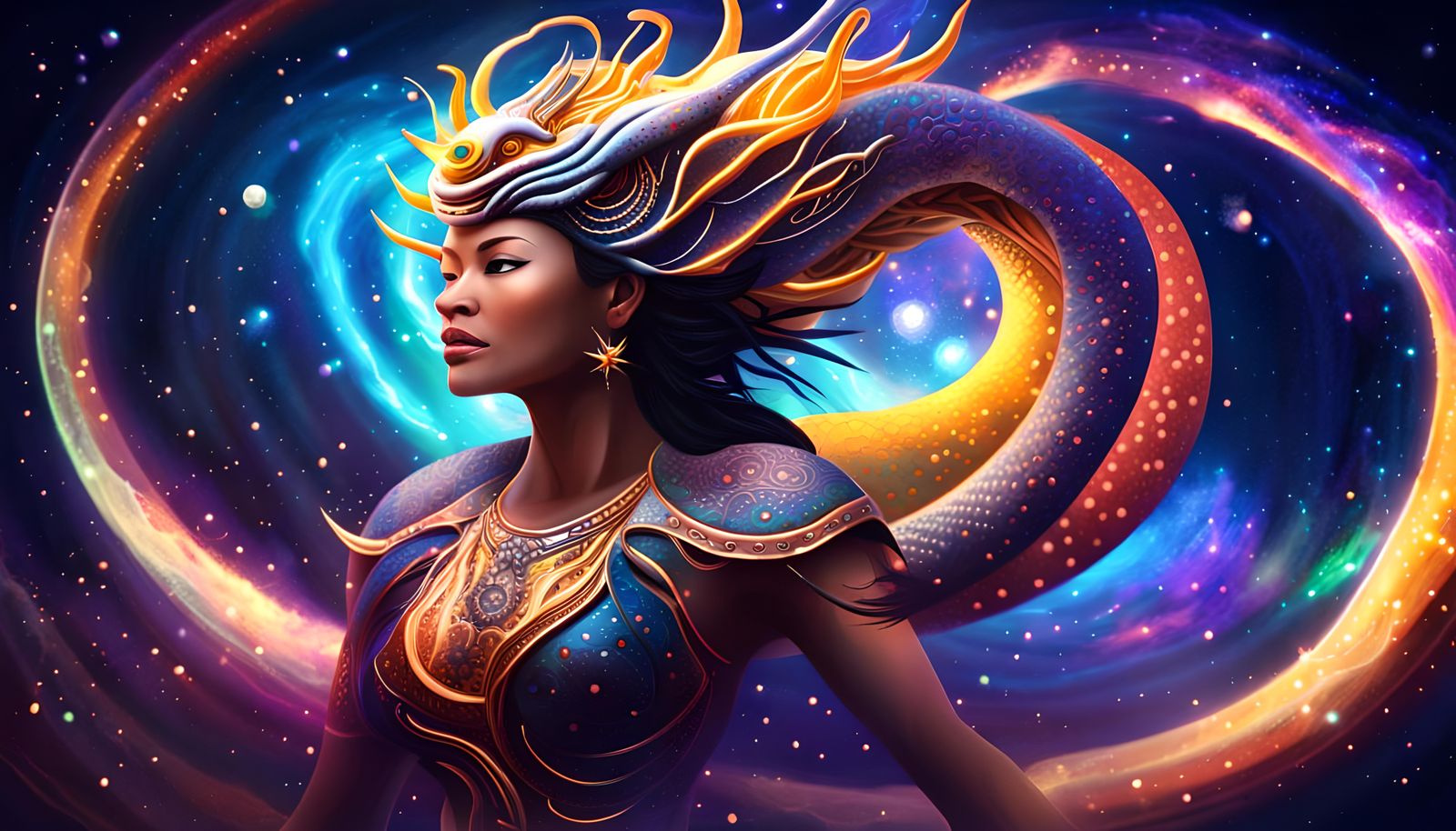 Celestial Naga Queen Soaring Through Galaxy Vortex