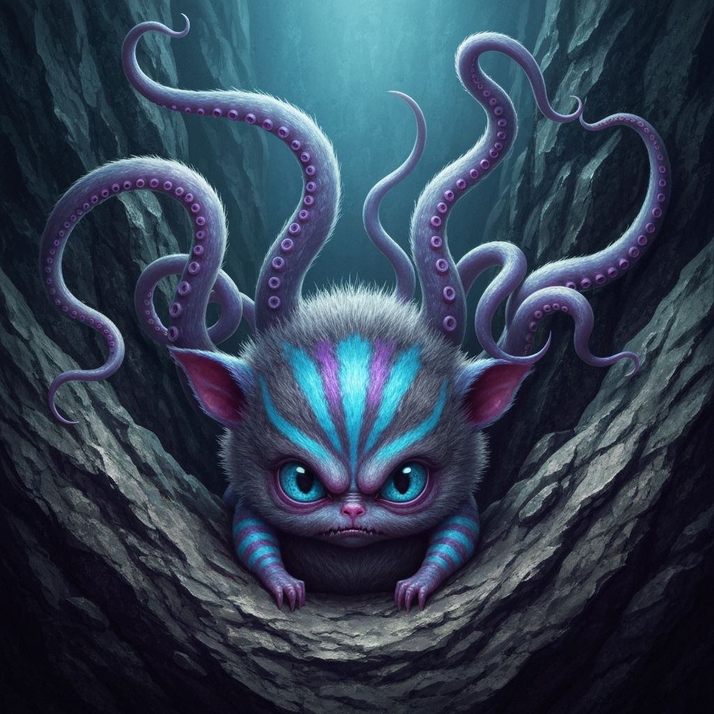 Creepy-Cute Creature with Neon Stripes in Rock Fissure