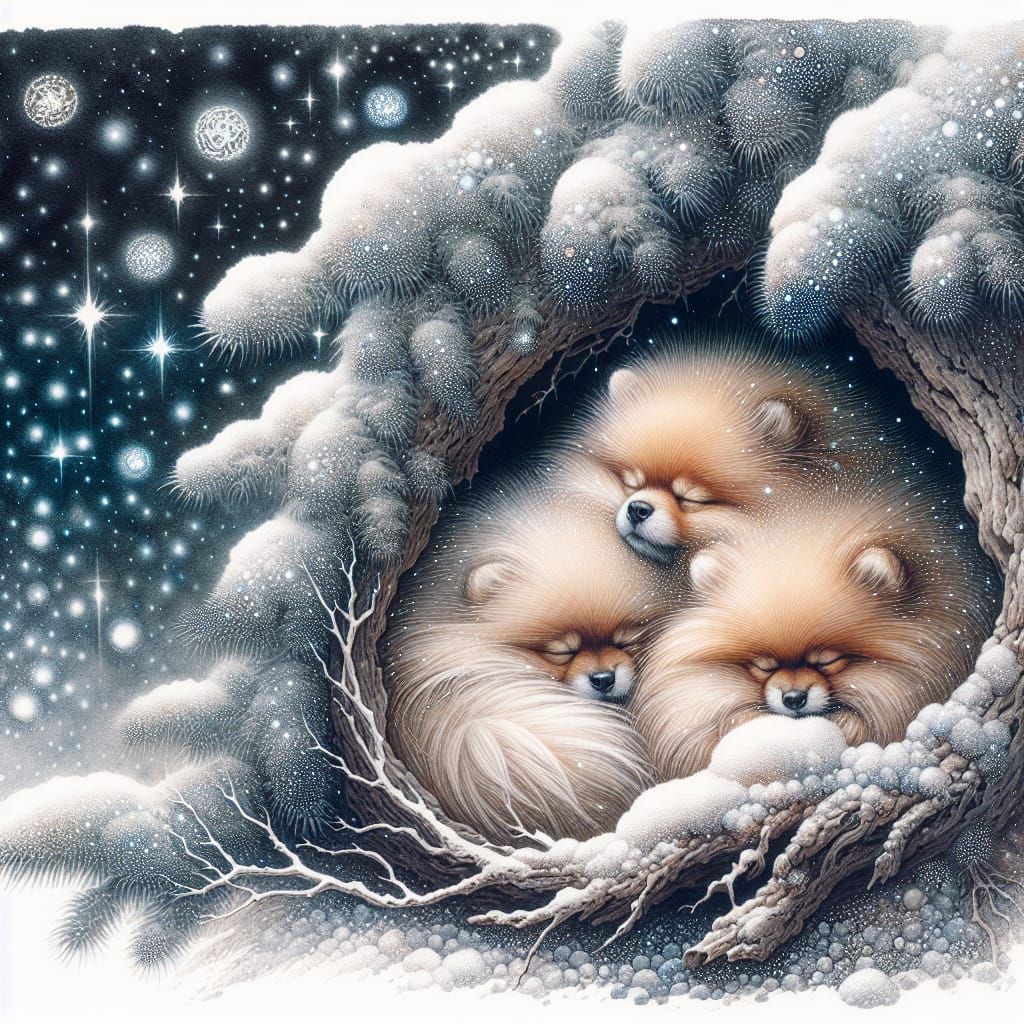 English Watercolor Masterpiece: Snowy Night Sky with Sleepin...