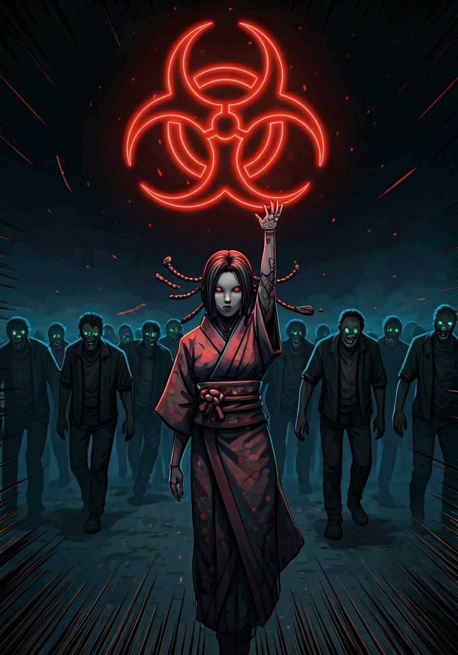 Japanese Girl with Cybernetic Kimono and Biohazard Symbol