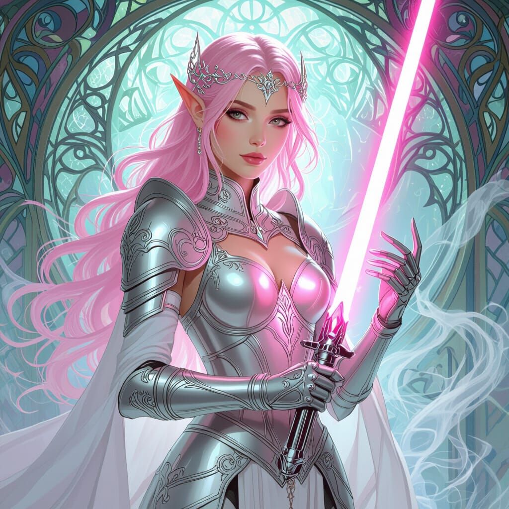 Elven Princess with Pink Lightsaber in Art Nouveau Style