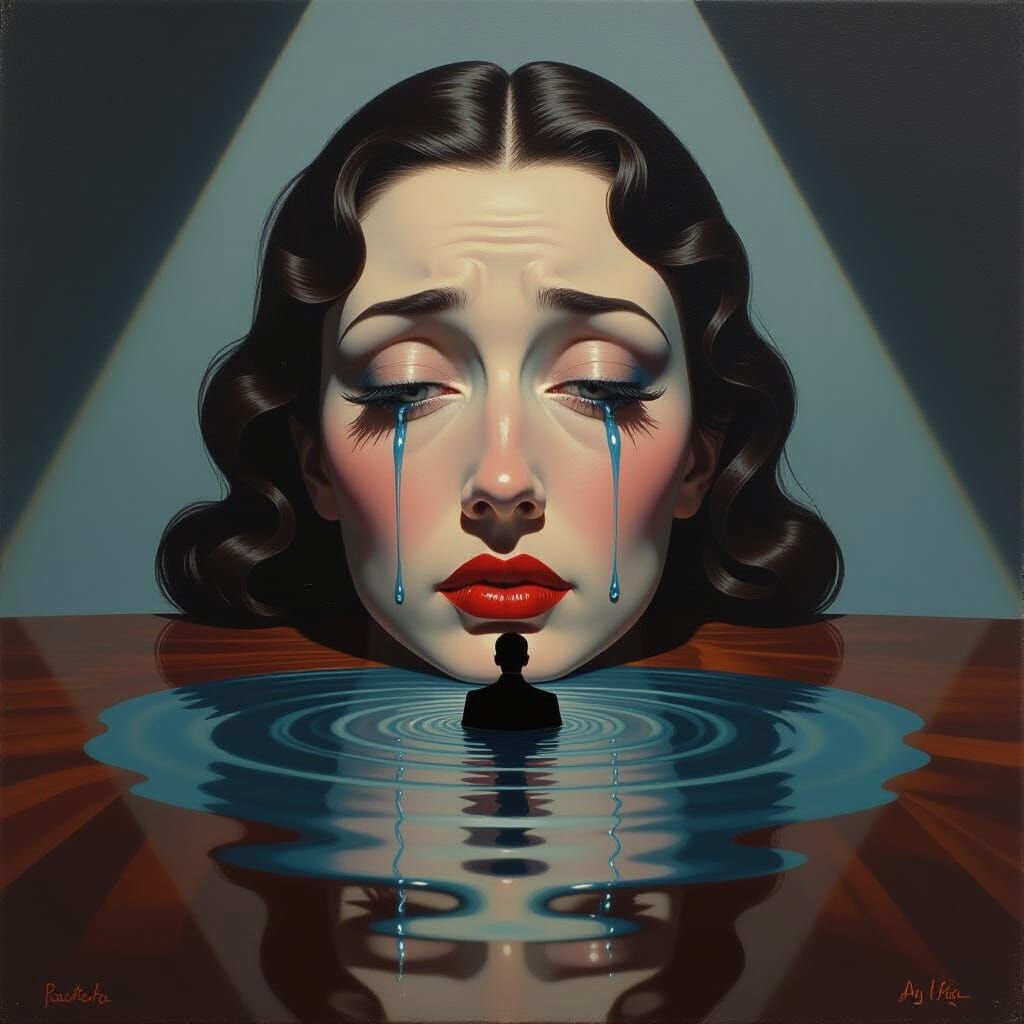 Surrealist Oil Painting of Woman's Tears Forming a Lake