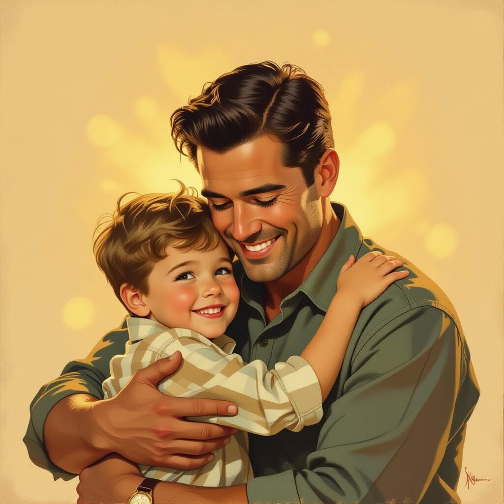 Heartwarming Father and Child Embrace in Rockwell Style