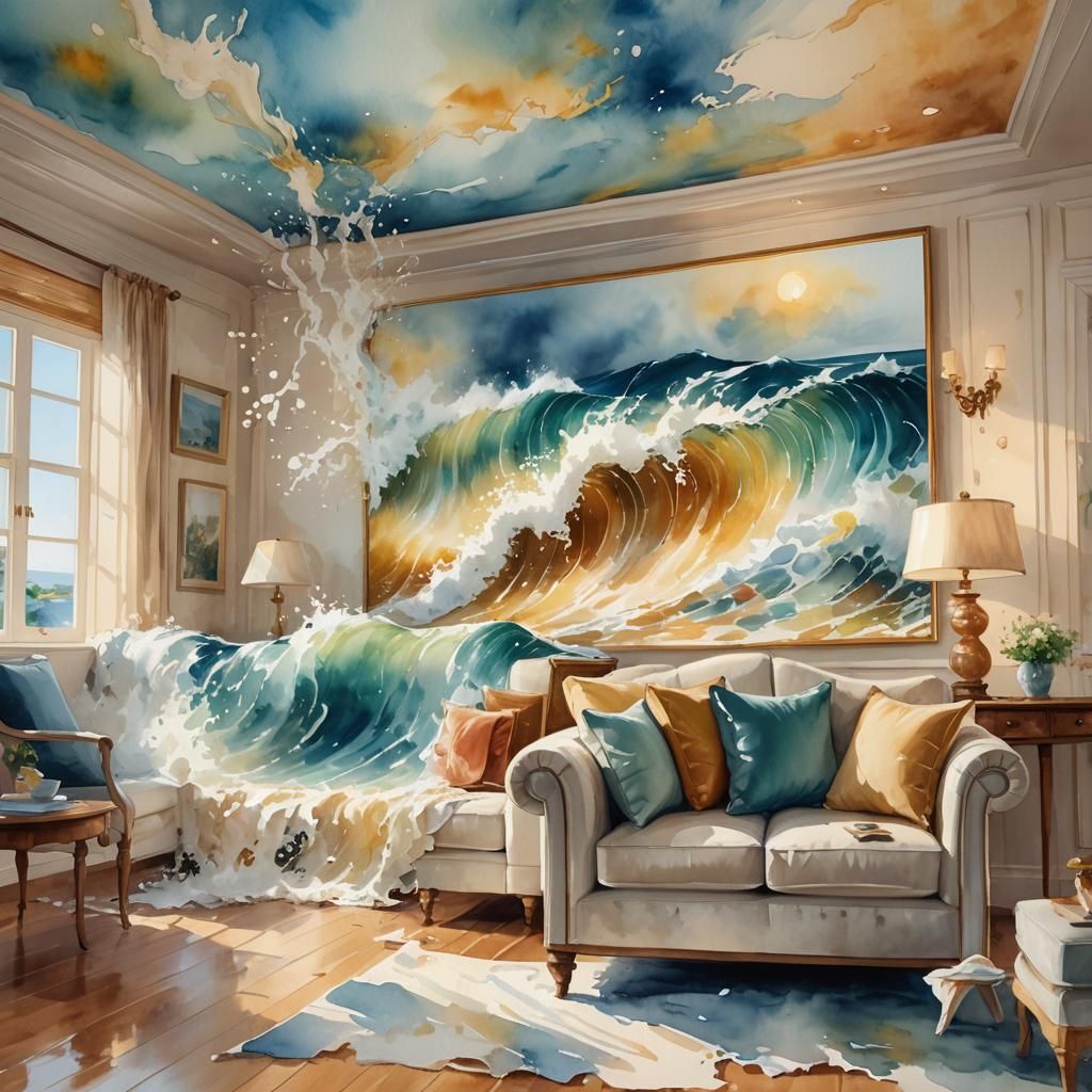 Ocean Waves Spill into Living Room: Watercolor Art