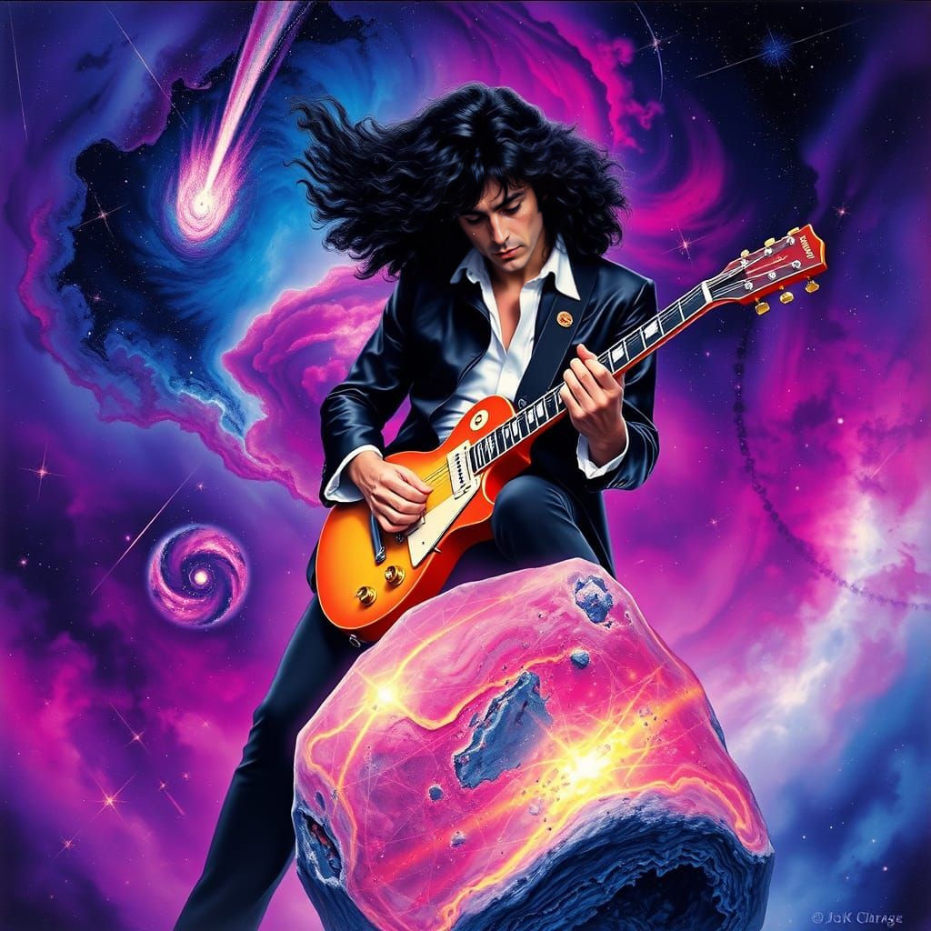 Guitarist Shreds Solo on Meteorite in Cosmic Nebula