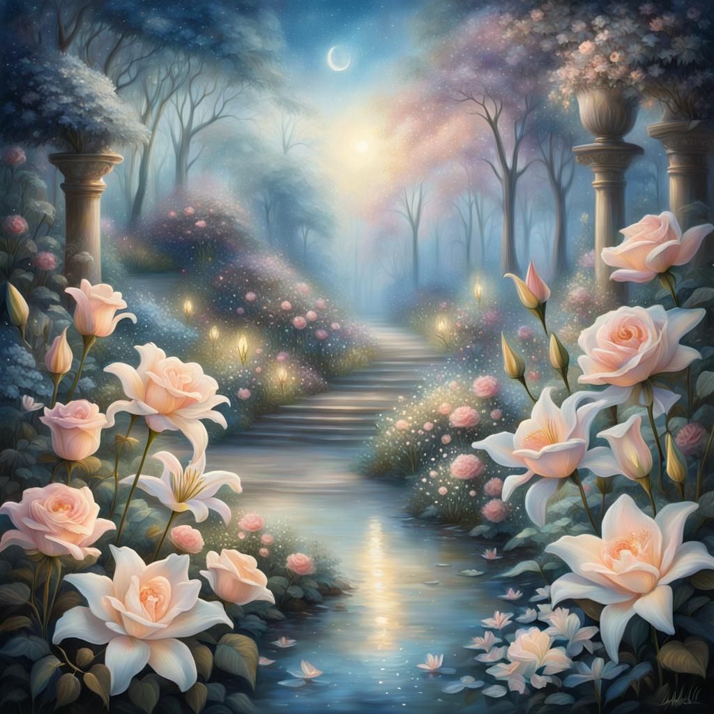 Mystical Garden with Roses, Lilies, and Stars