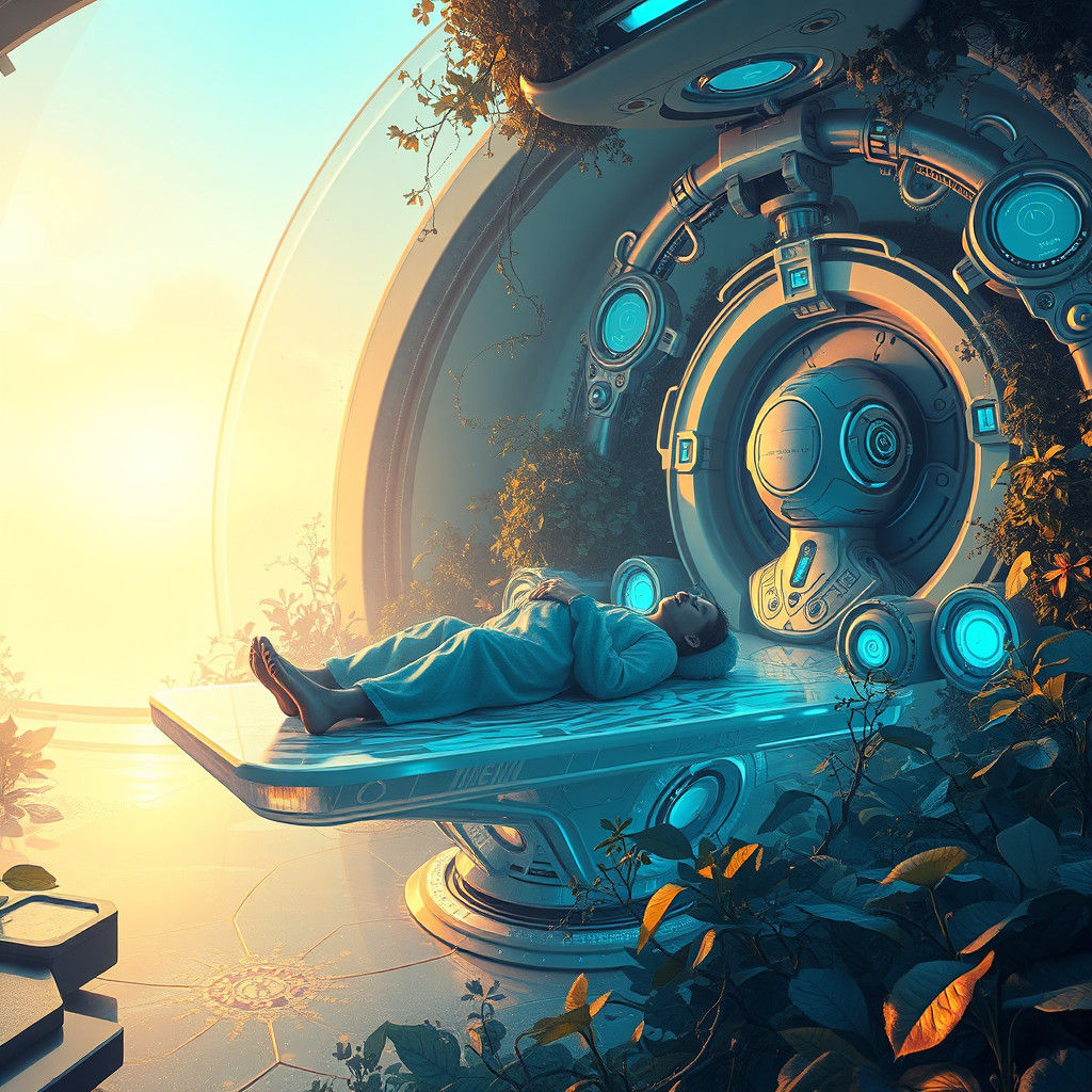 Futuristic Healing Chamber in Dreamlike Landscape