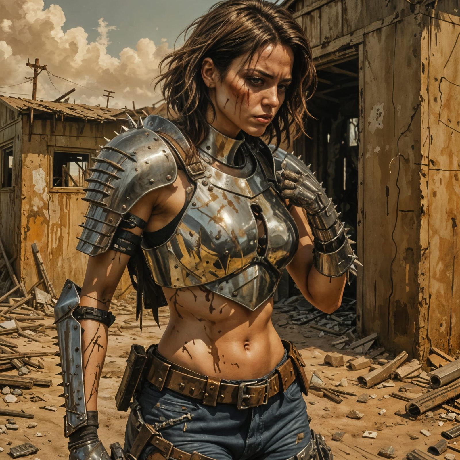 Gritty Woman in Chrome Armor Amidst Wasteland Ruins