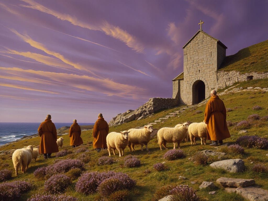 Monks Amidst Scotland's Windswept Hills in Iona, 997 AD