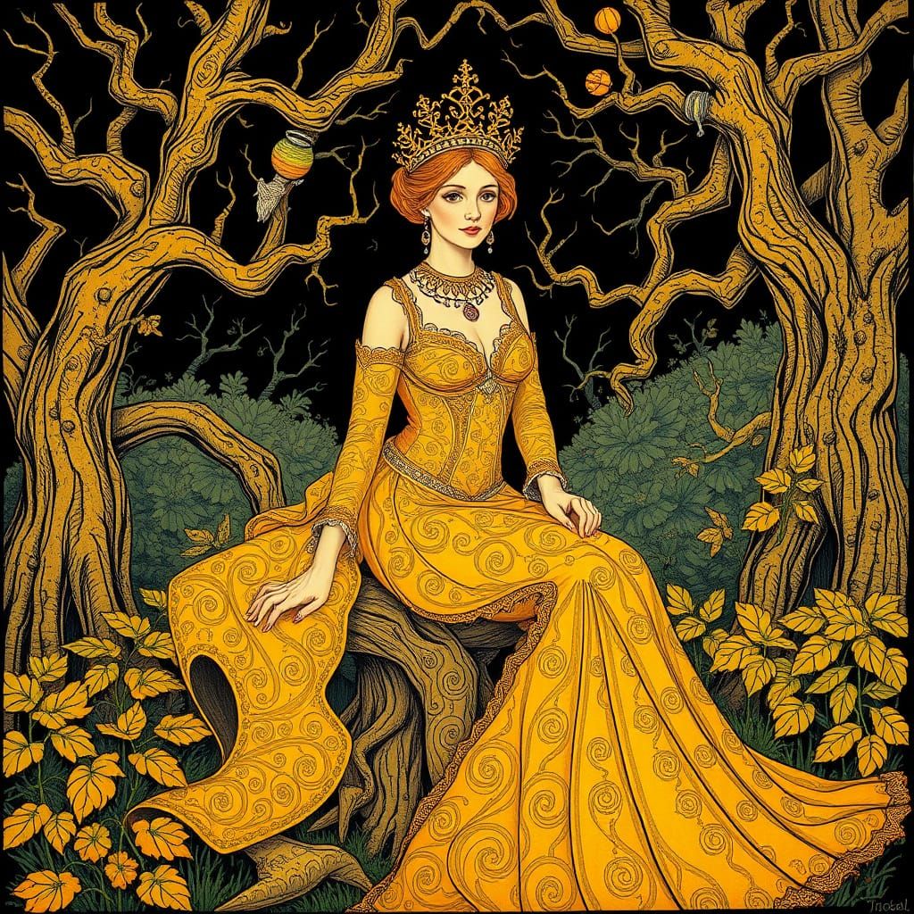Regal Woman in Opulent Golden Art Nouveau Gown, Surrounded b...
