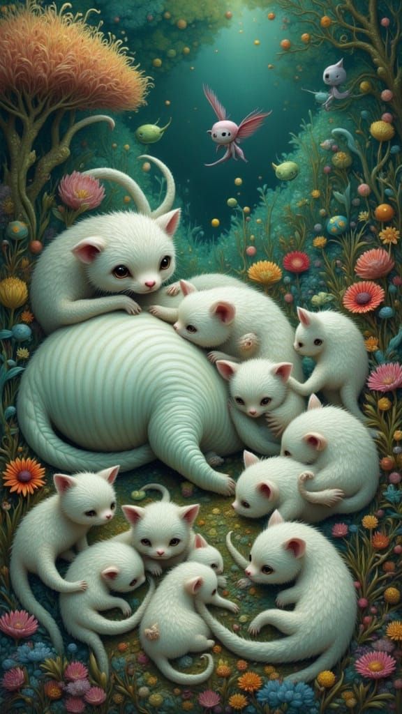 Alien Mother and Cat-Like Calves in Ethereal Digital Paintin...