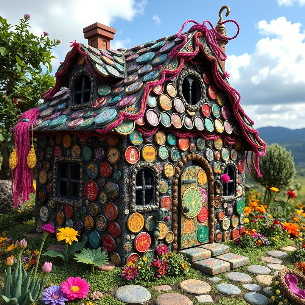 Whimsical Embroidered House with Bottle Cap Details