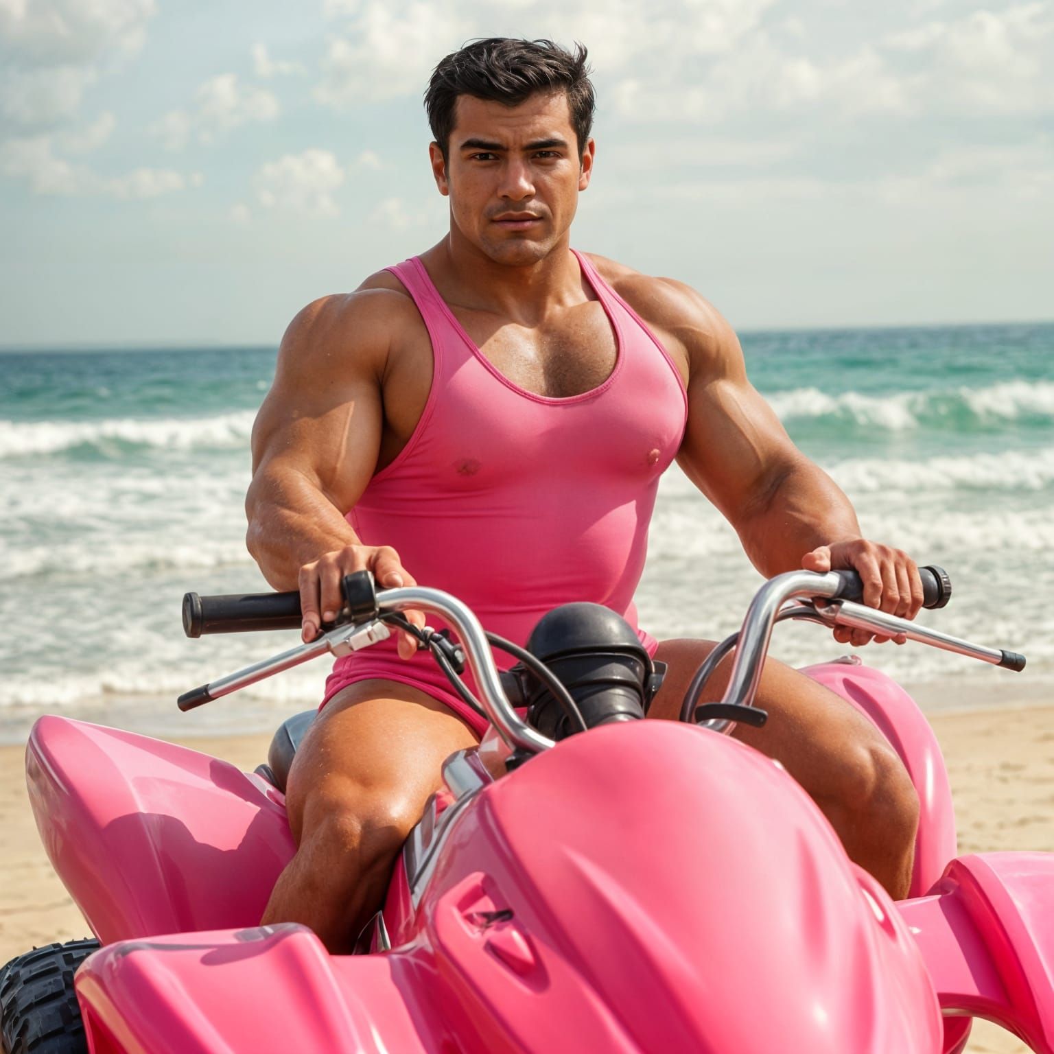 Muscular Bodybuilder Poses with ATV in Retro Paradise
