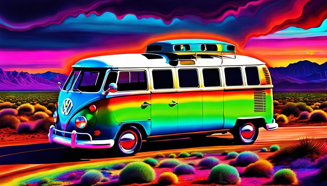 Psychedelic VW Bus on Desert Road, Digital Art