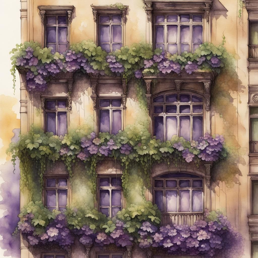 Violet Hibiscus Wall on Dilapidated Building