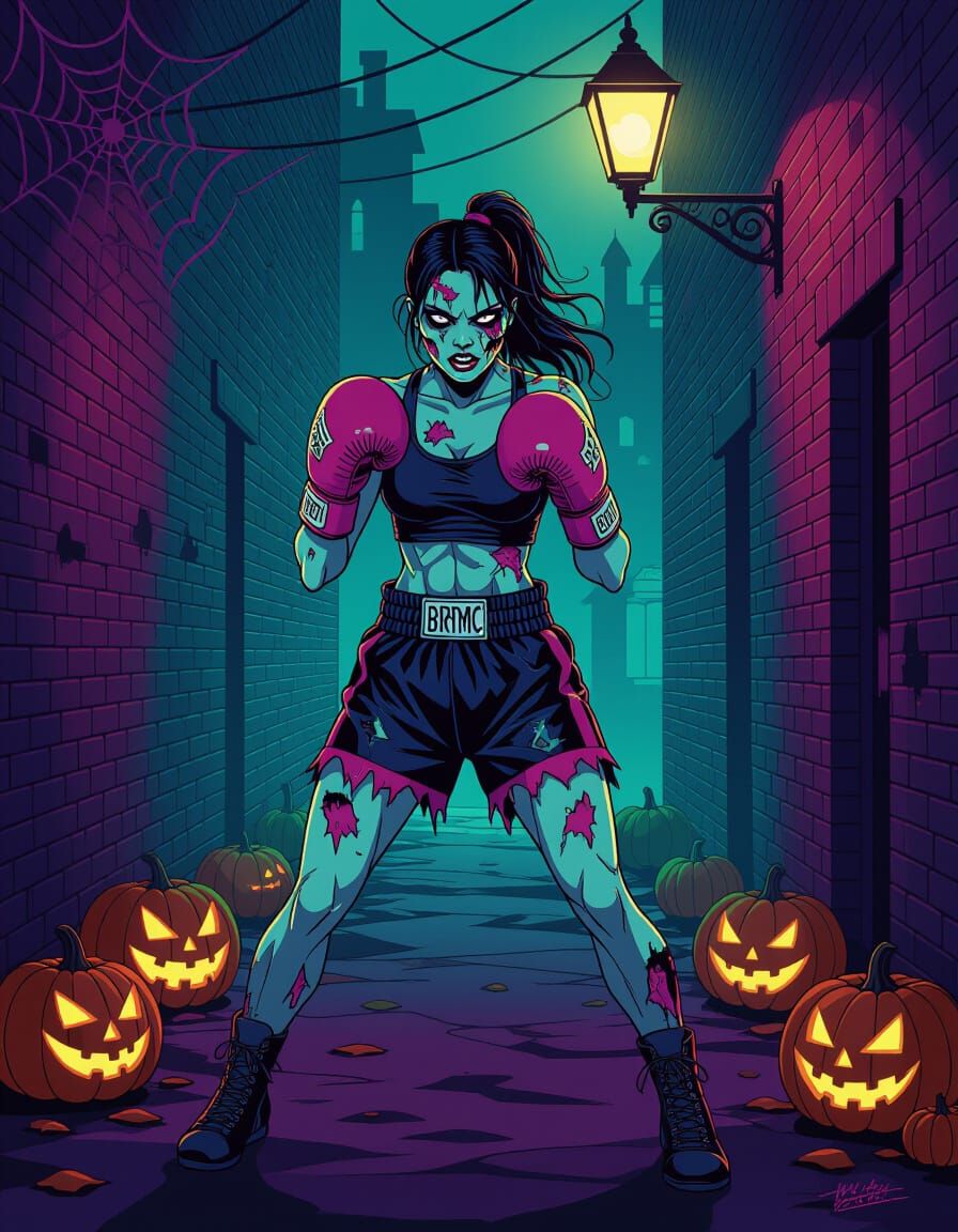 Zombie Boxer Halloween Night in Abstract Style