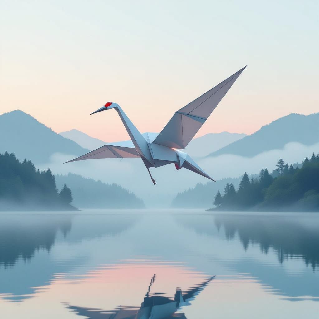Giant Origami Crane Descends on Misty Lake