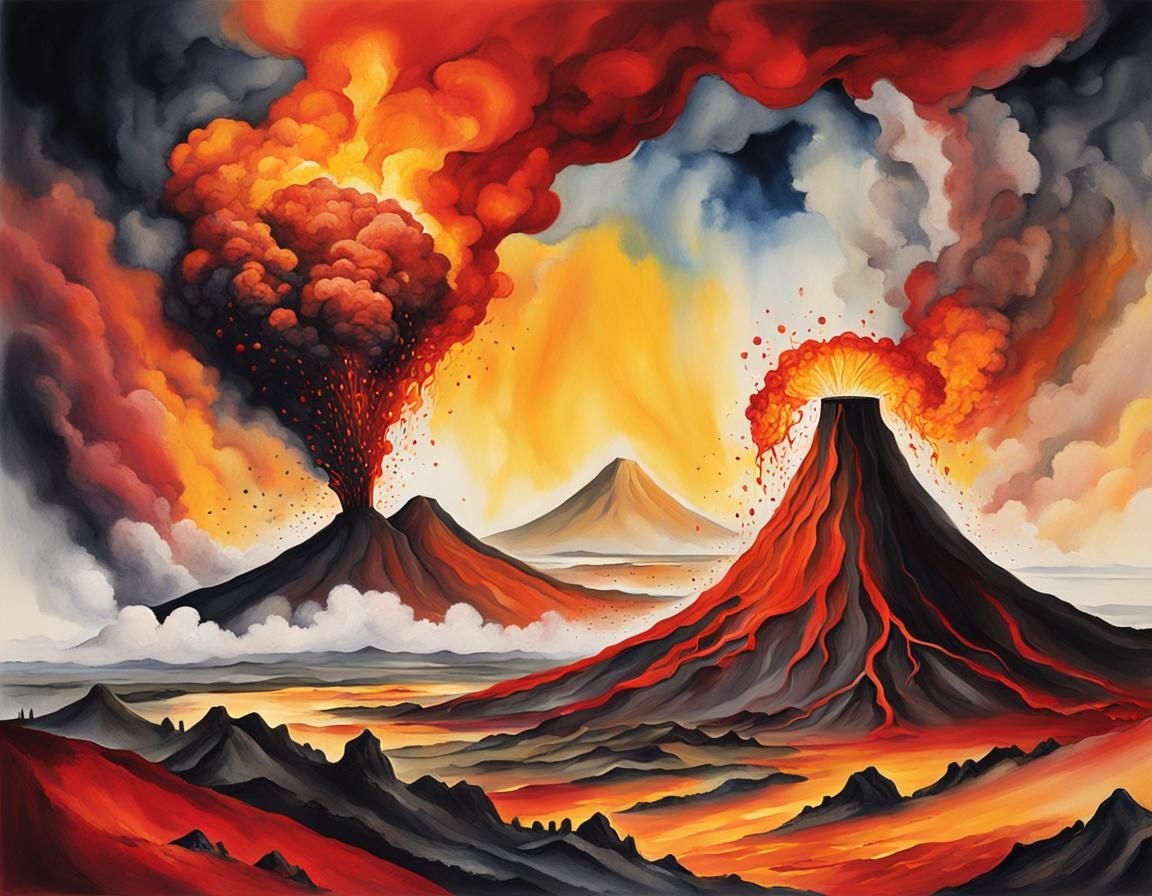 Volcanic Anger in Surreal Dynamic Watercolor Style