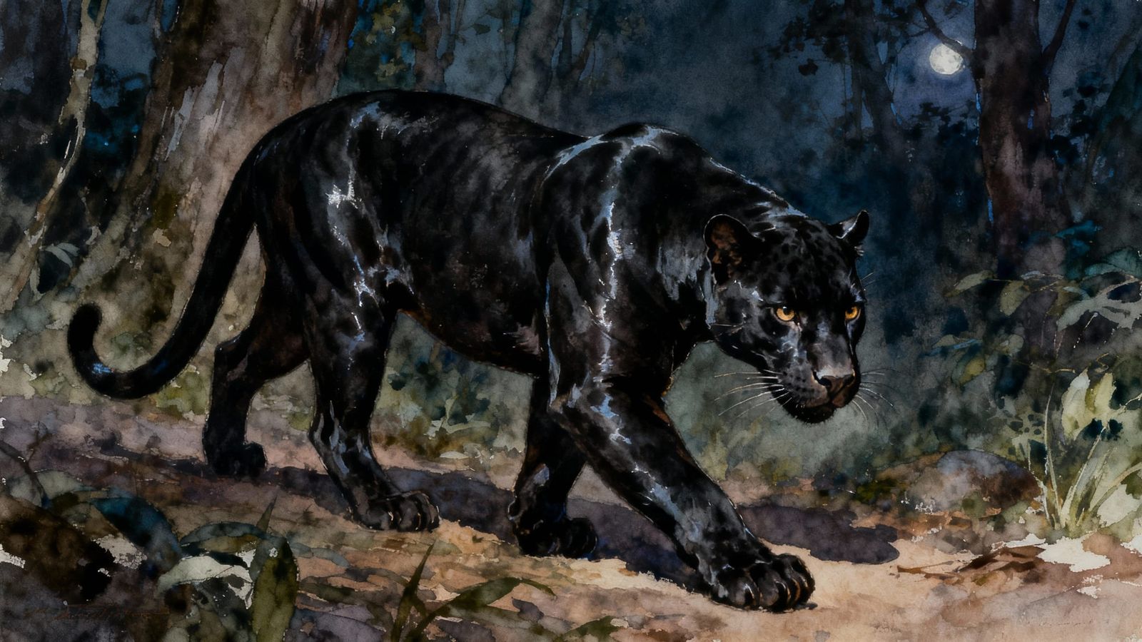 Black Panther Stalks Forest Night in Textured Watercolor Sty...