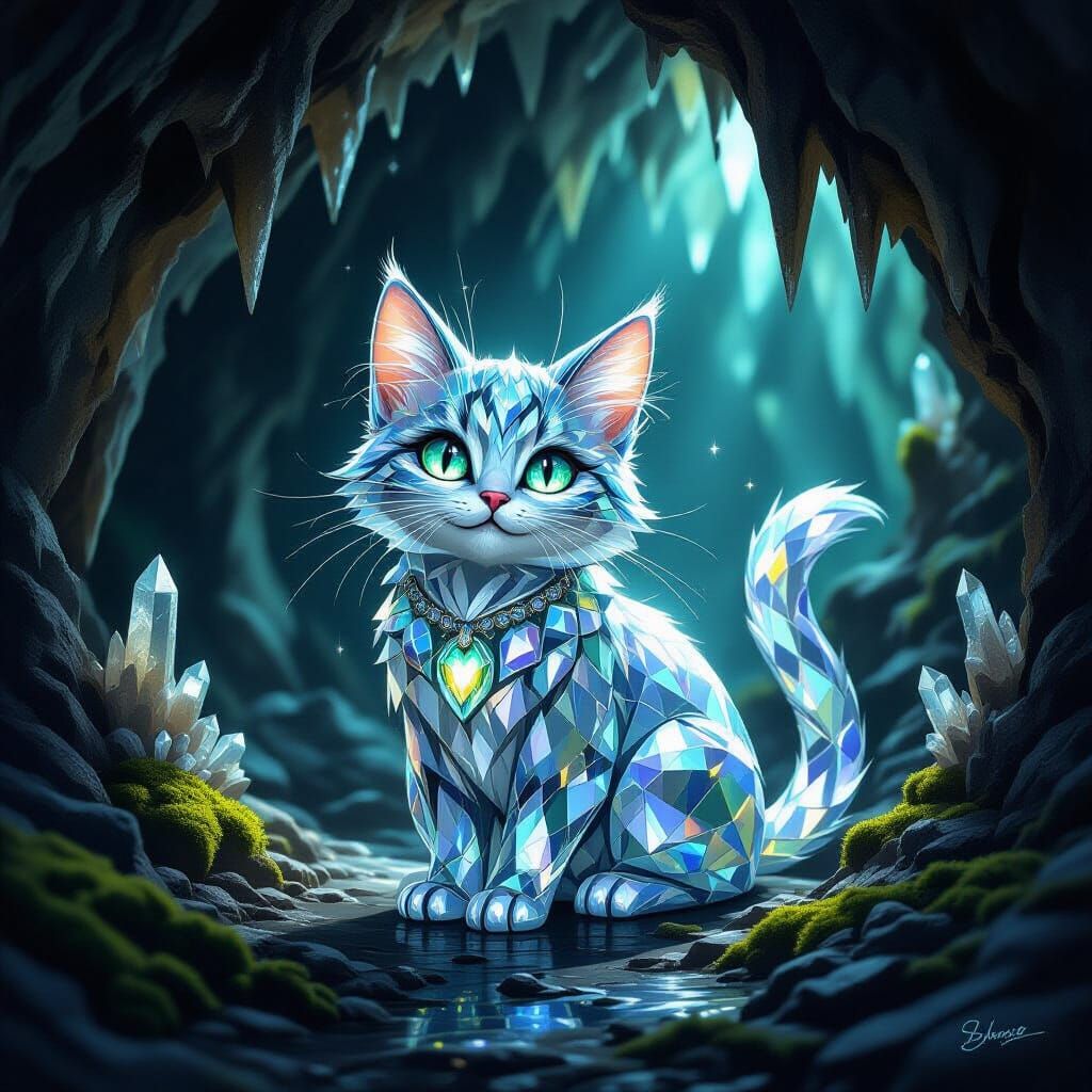 Crystal Cat's Cunning Gaze in a Glowing Cave