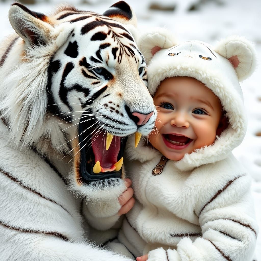 Baby and White Tiger Cuddle in Heartwarming Photo