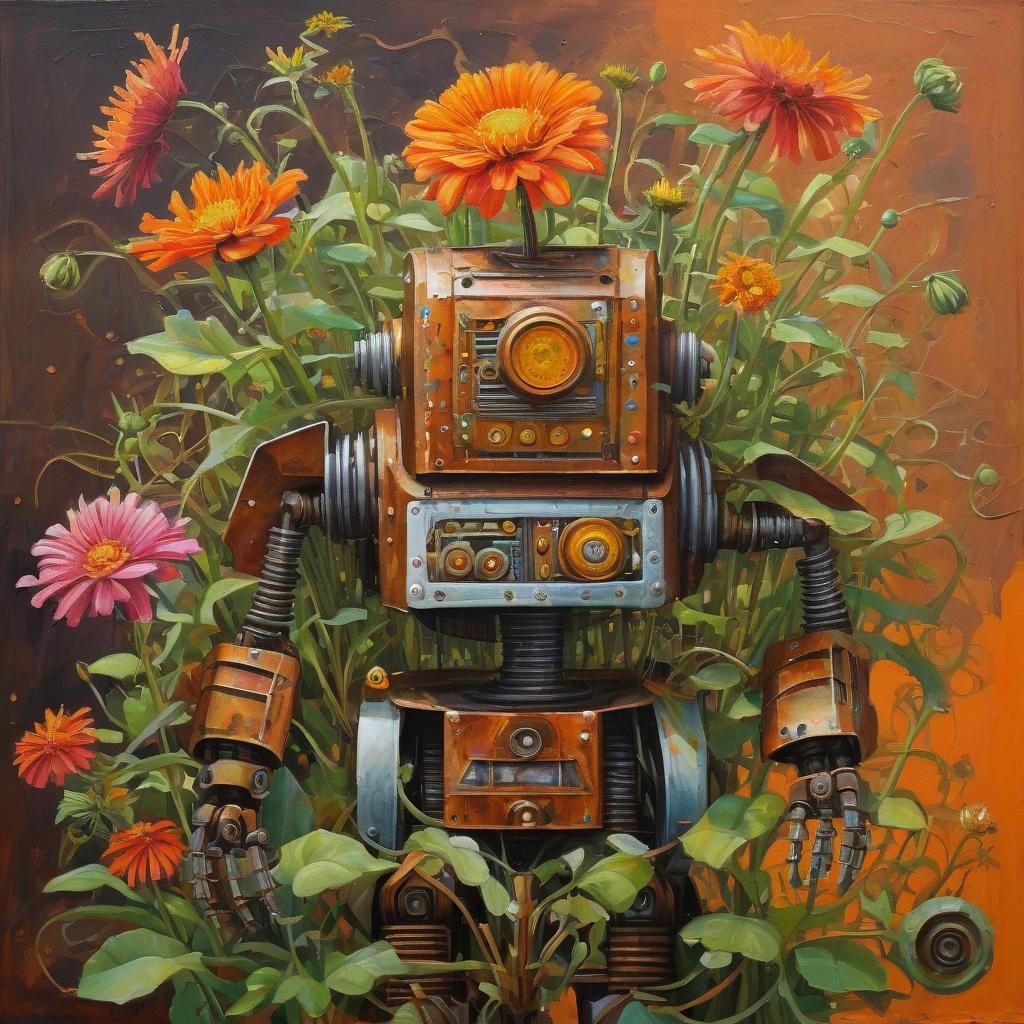Zinnias Decorate a Robot in Oil Gouache