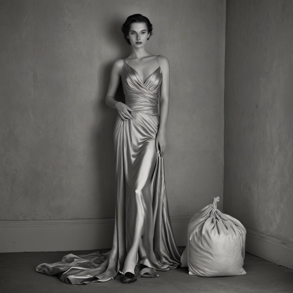 Elegant Woman with Sack: Black and White Photography