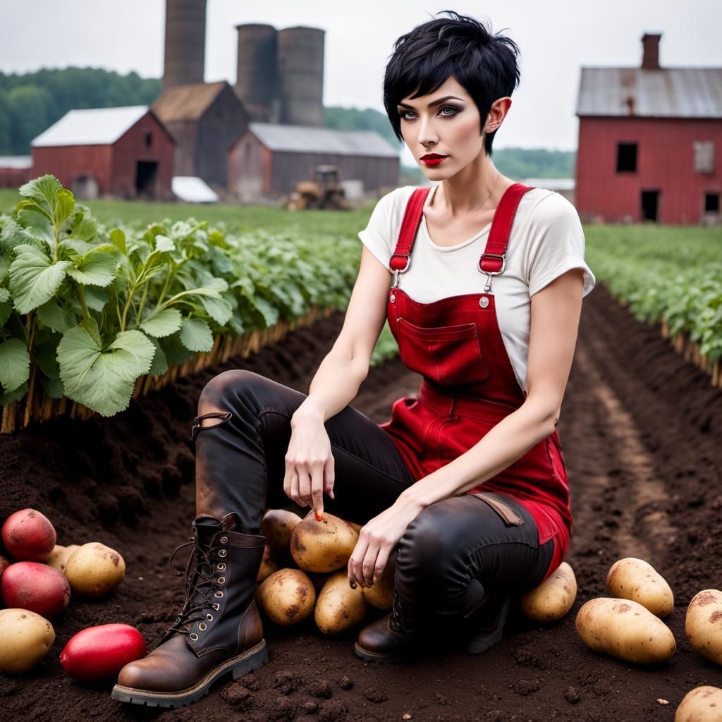Fae Woman Hoeing Potatoes in Ruined City