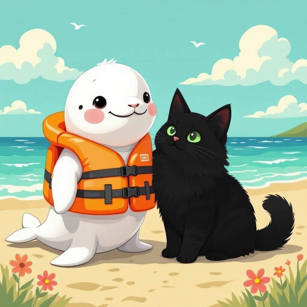 Beluga Whale and Cat Play in Sunny Pastel Coastal Scene
