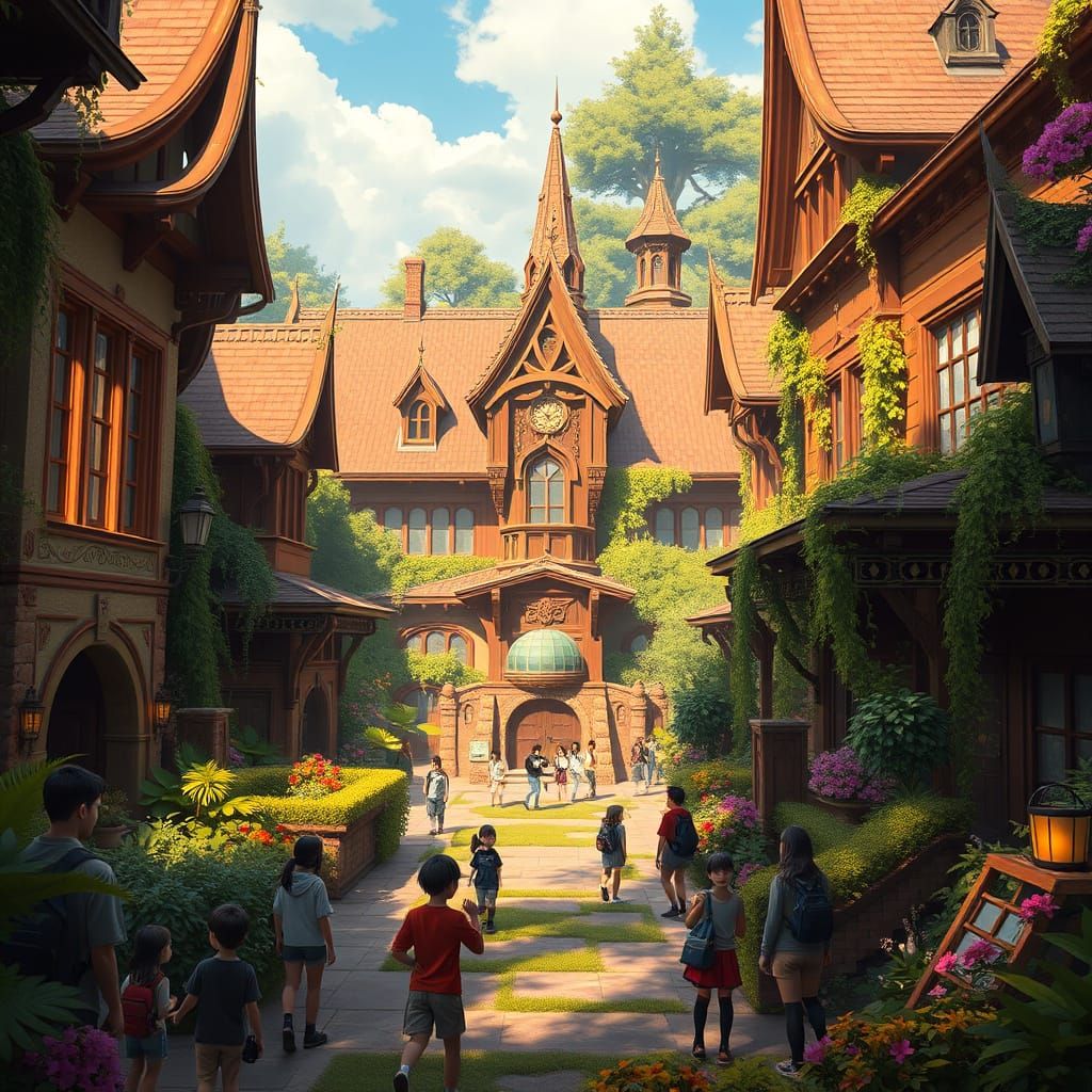 School Courtyard Scene in Vibrant Fantasy Style