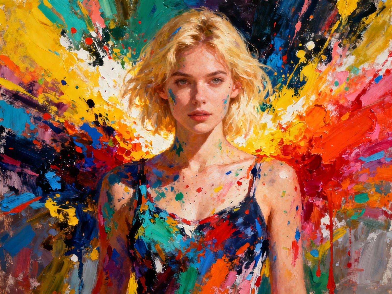 Woman Amidst Explosive Colorful Paint Splatters