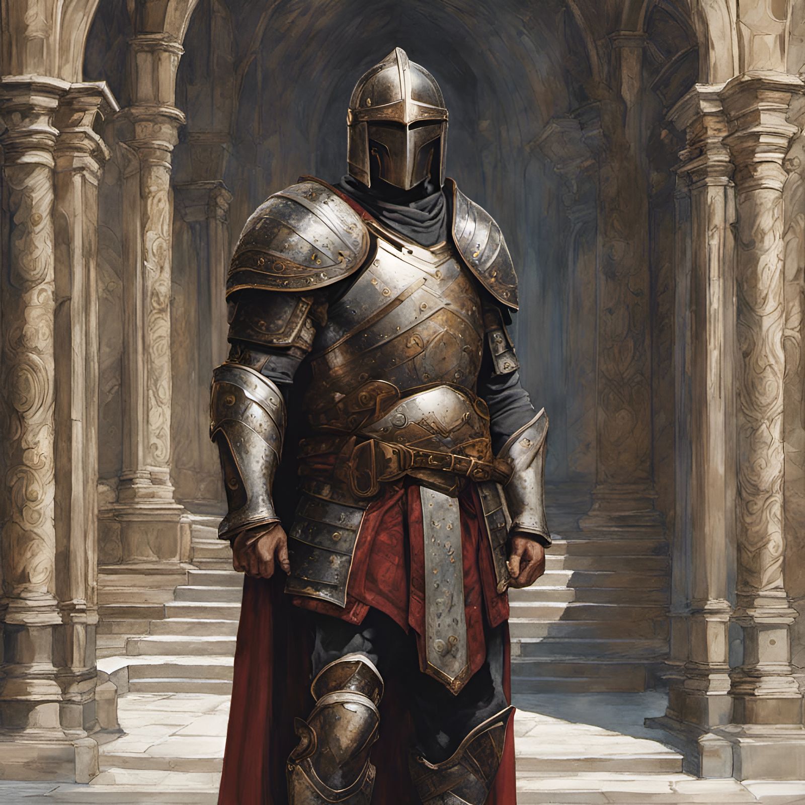 Grizzled Knight in Castle Corridor: Ghibli Watercolor Style