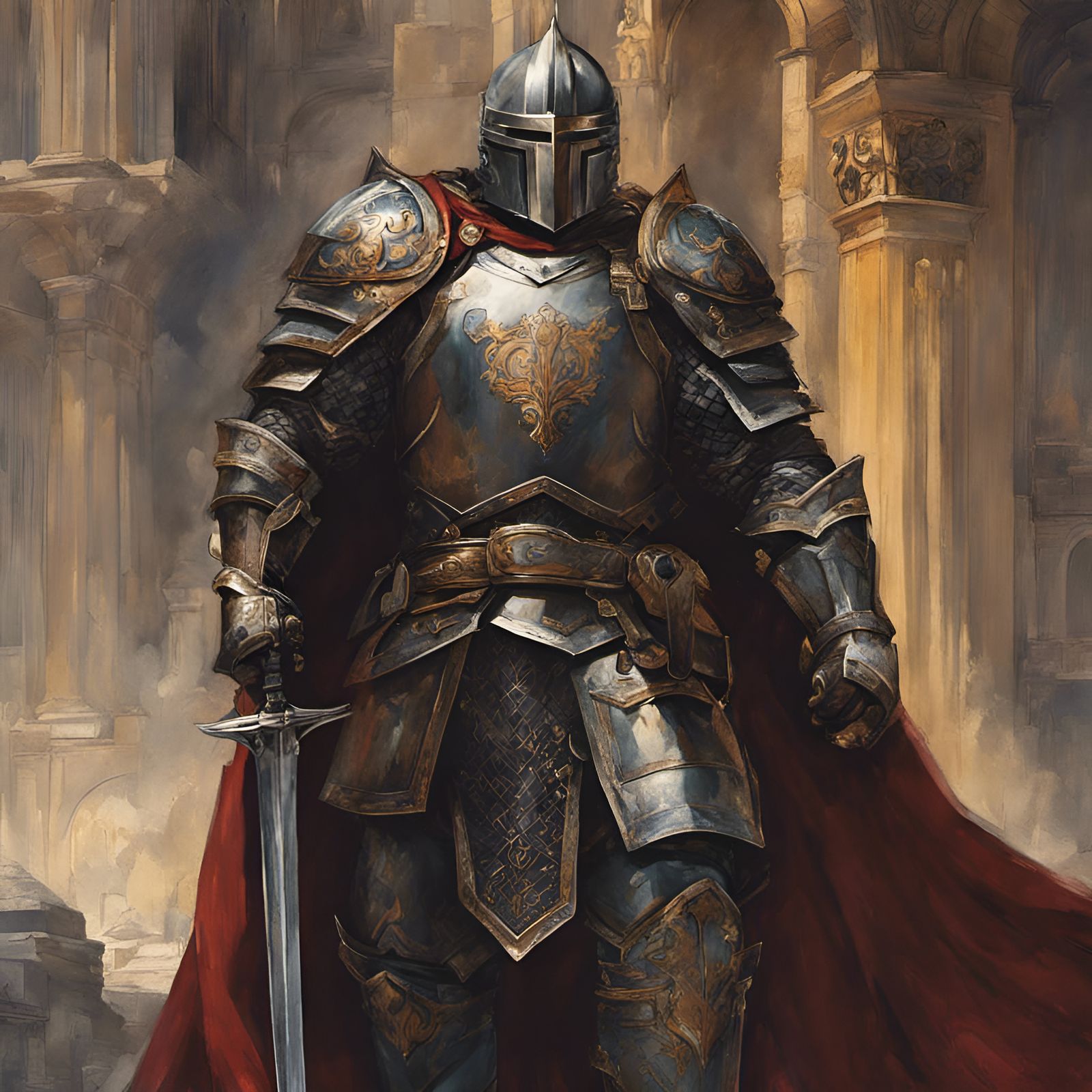 Grizzled Knight in Castle Corridor: Studio Ghibli Watercolor