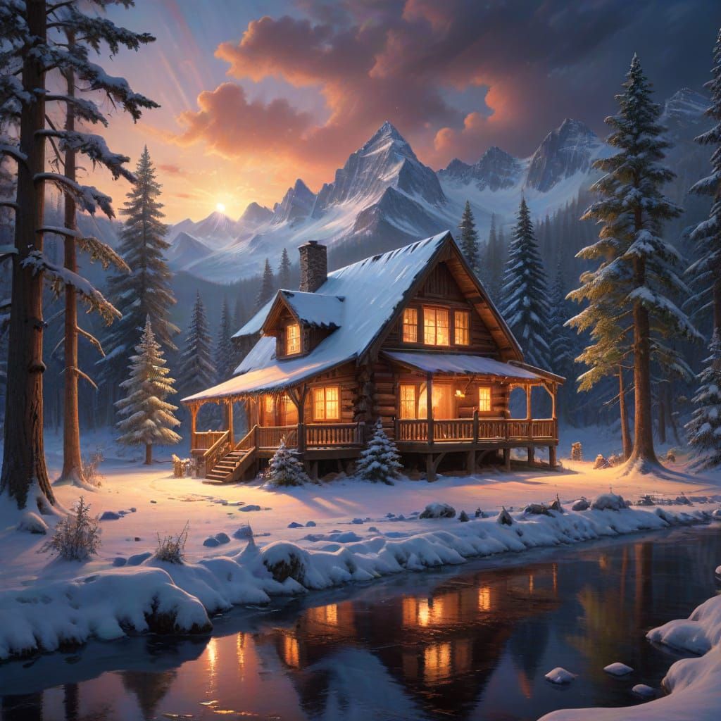 Winter Forest at Twilight in Matte Painting Style
